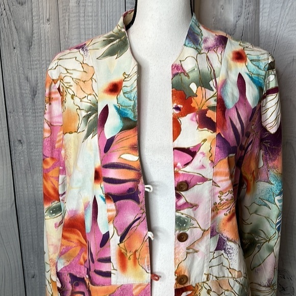 Coldwater Creek Watercolor Jacket Tunic Tuxedo Style Linen Blend Wooden Buttons - Picture 4 of 10